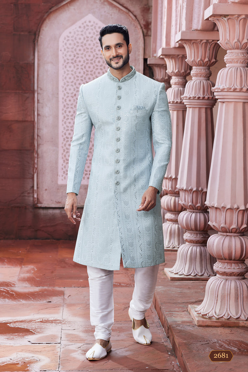 Sky Blue Men's Sherwani with Self Thread work and Sequins