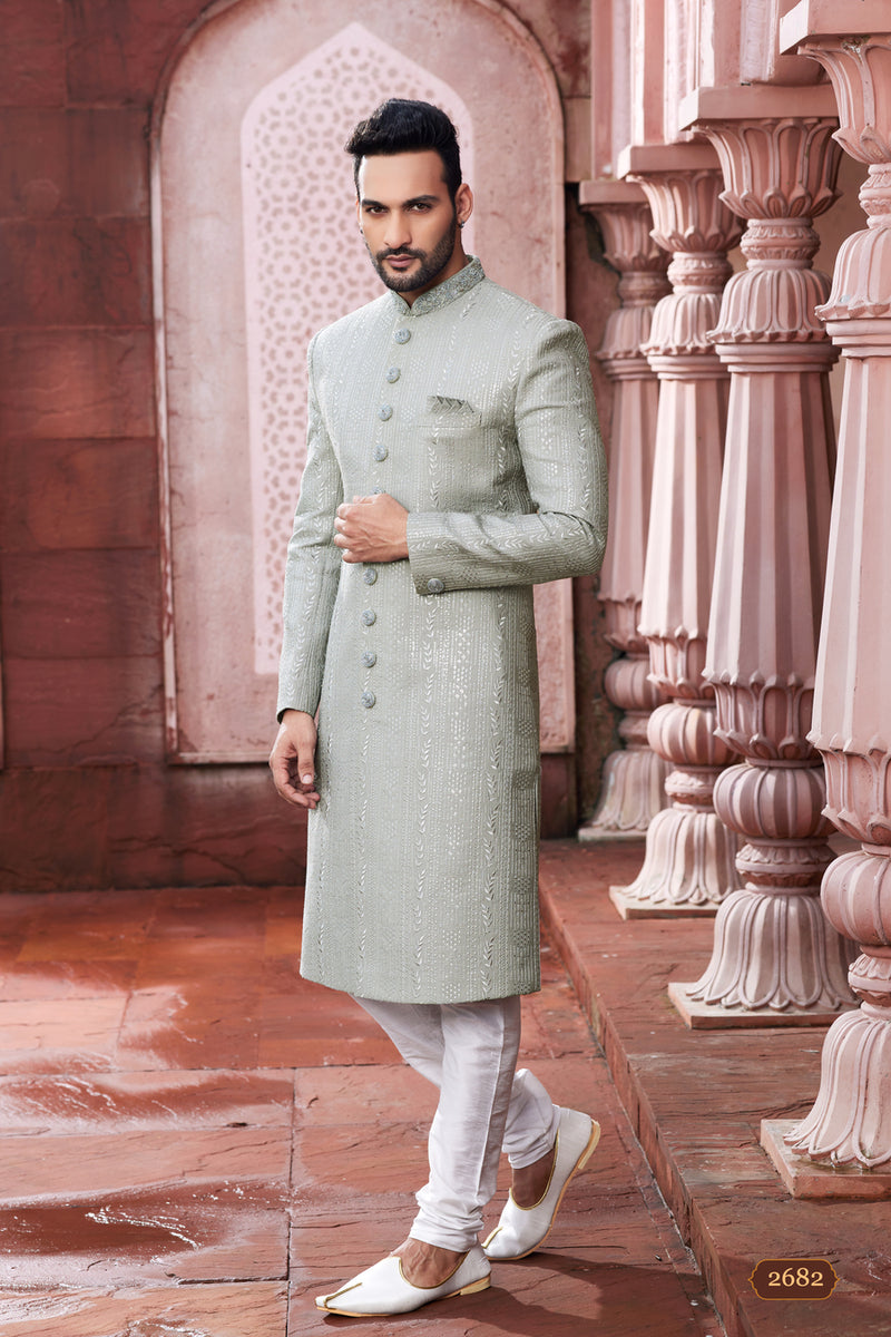 Grey Men's Sherwani with Self Thread work and Sequins