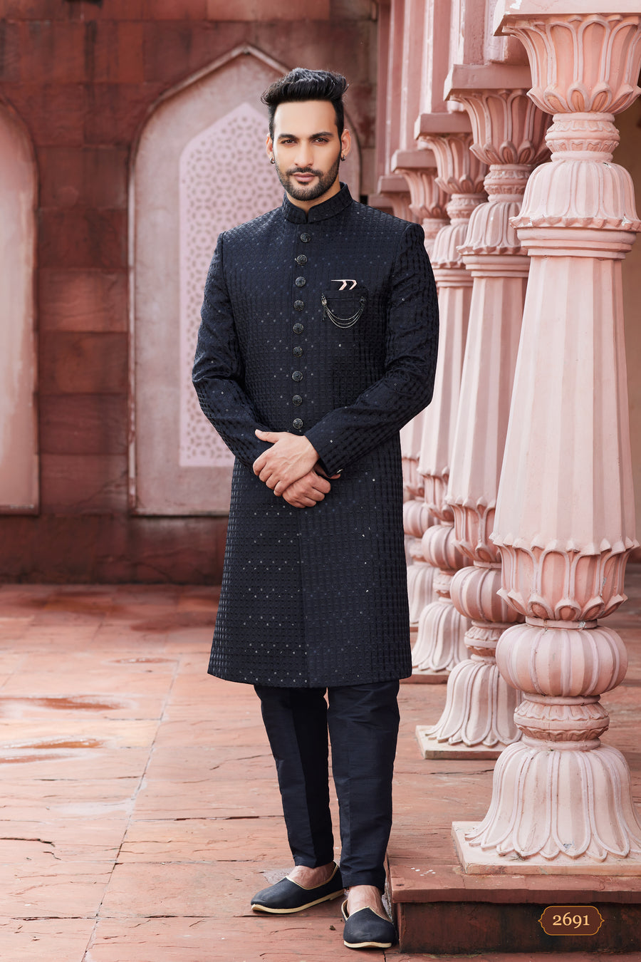 Black Men's Sherwani with Self Thread work and Sequins