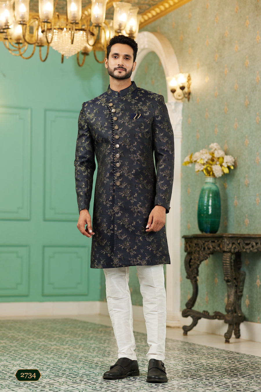 Navy Blue Men's Sherwani with Self Thread work and Sequins