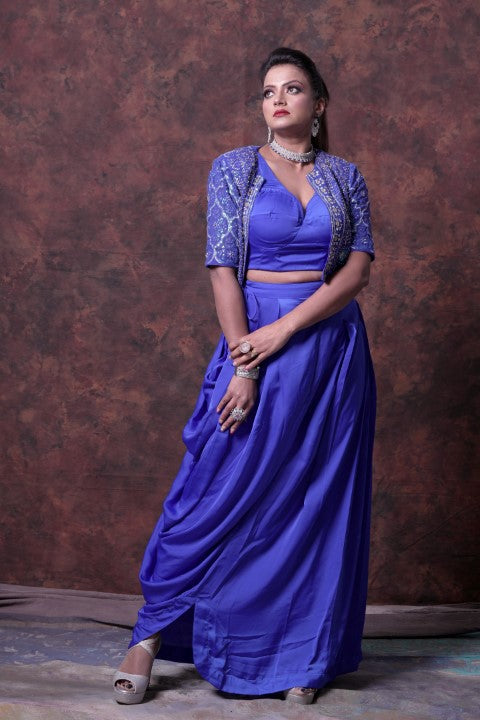 blue indo western dress for women Buy Ethnic Blossoms Net Navy Blue Floral Embroidered Indo Western, Designer Indo Western Dress Readymade Lehenga Choli For Womens, Best Dress For Womens, Large at Amazon.in