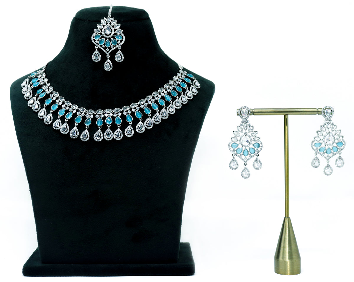 Silver With Phirozi Necklace Set