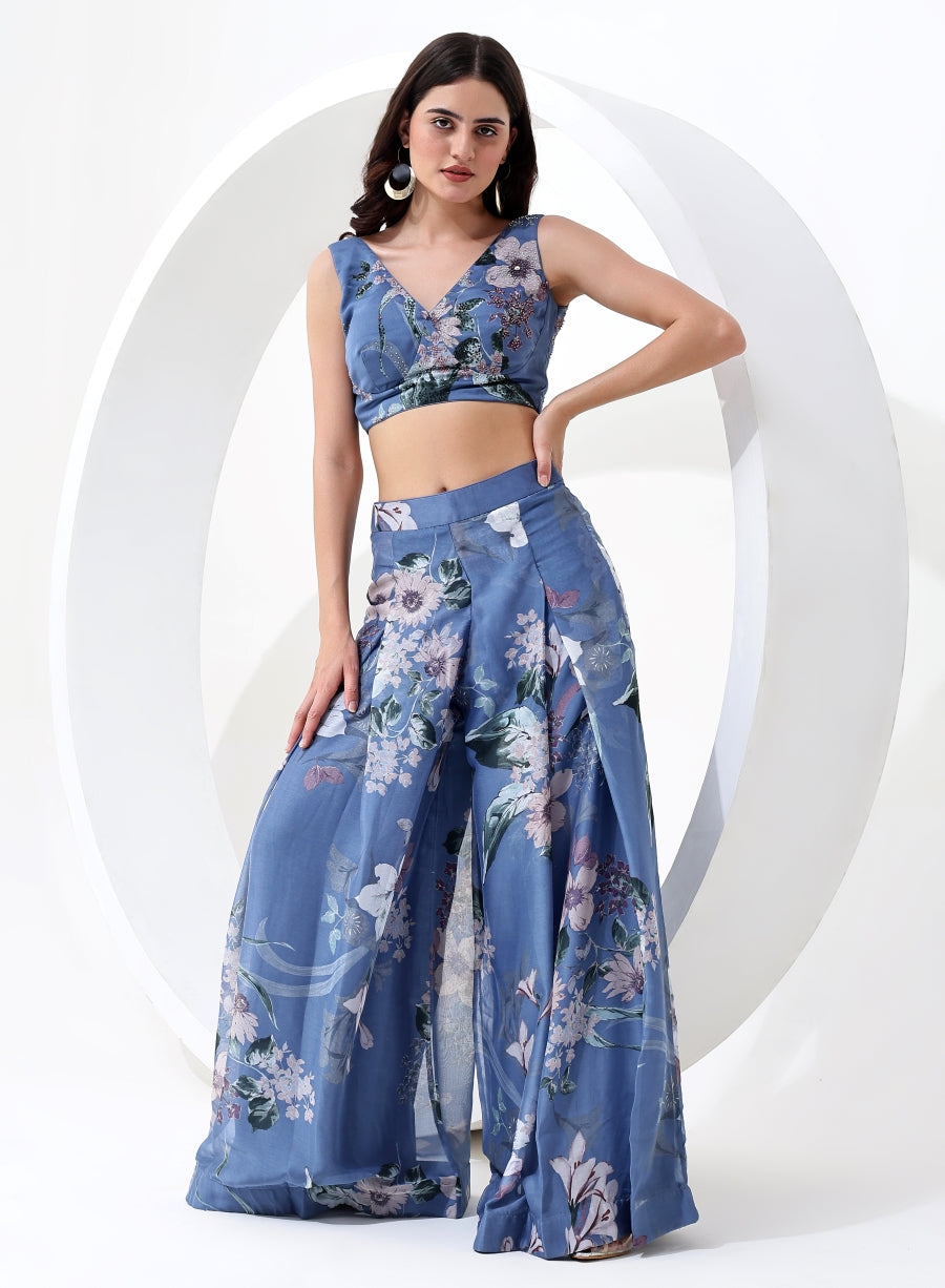 Nantucket Blue Floral Digital Print Crop Top with Pant Style Bottom and Jacket.