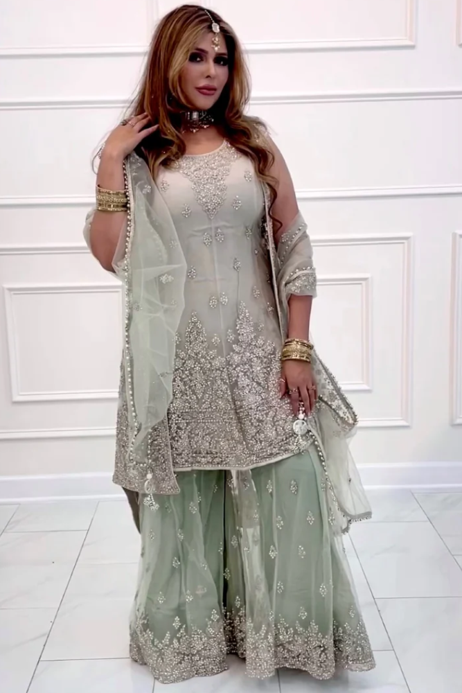 Mint Green Gharara suit with Jacket and Dupatta – Roop Sari Palace