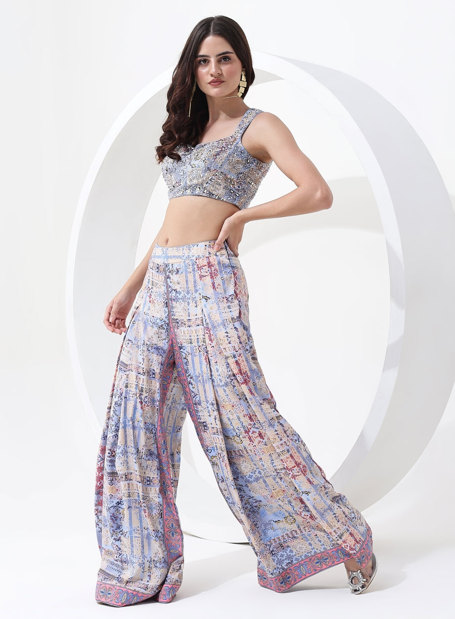 Multi Color Digital Print Crop Top with Pant Style Bottom and Jacket.