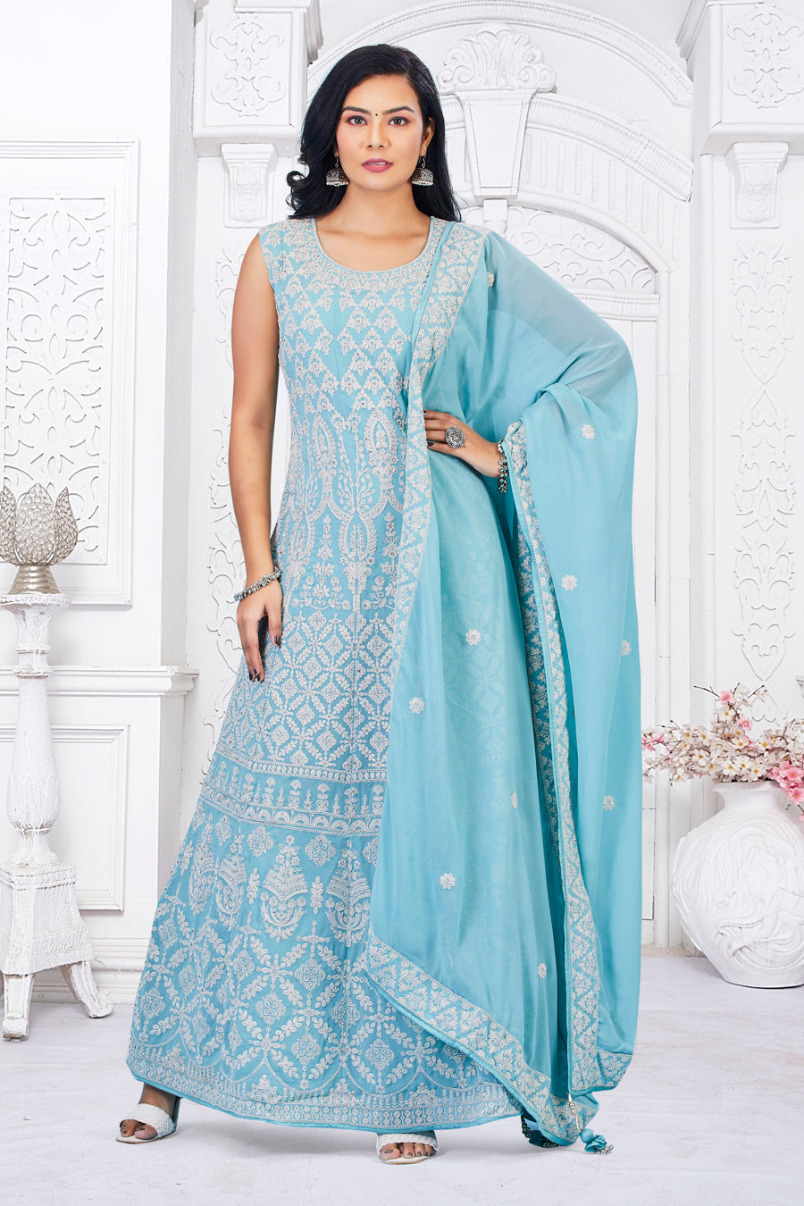 Turquoise Ladies Gown with Churidar and Dupatta - 38 Turquoise Ladies Gown with Churidar and Dupatta - 38