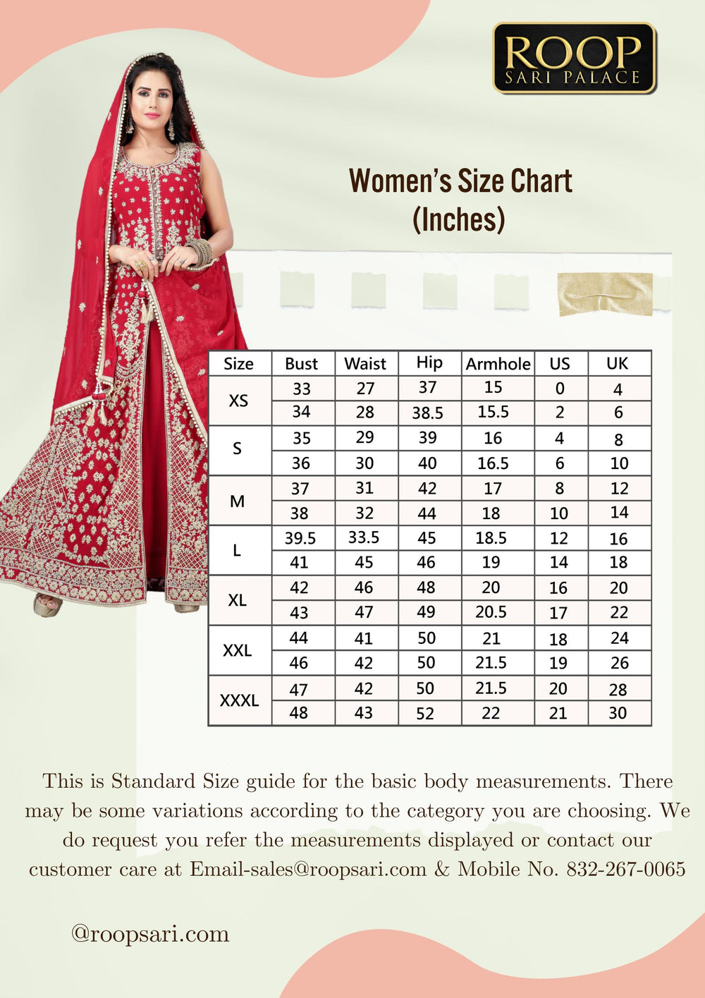 Women Size Chart Roop Sari Palace