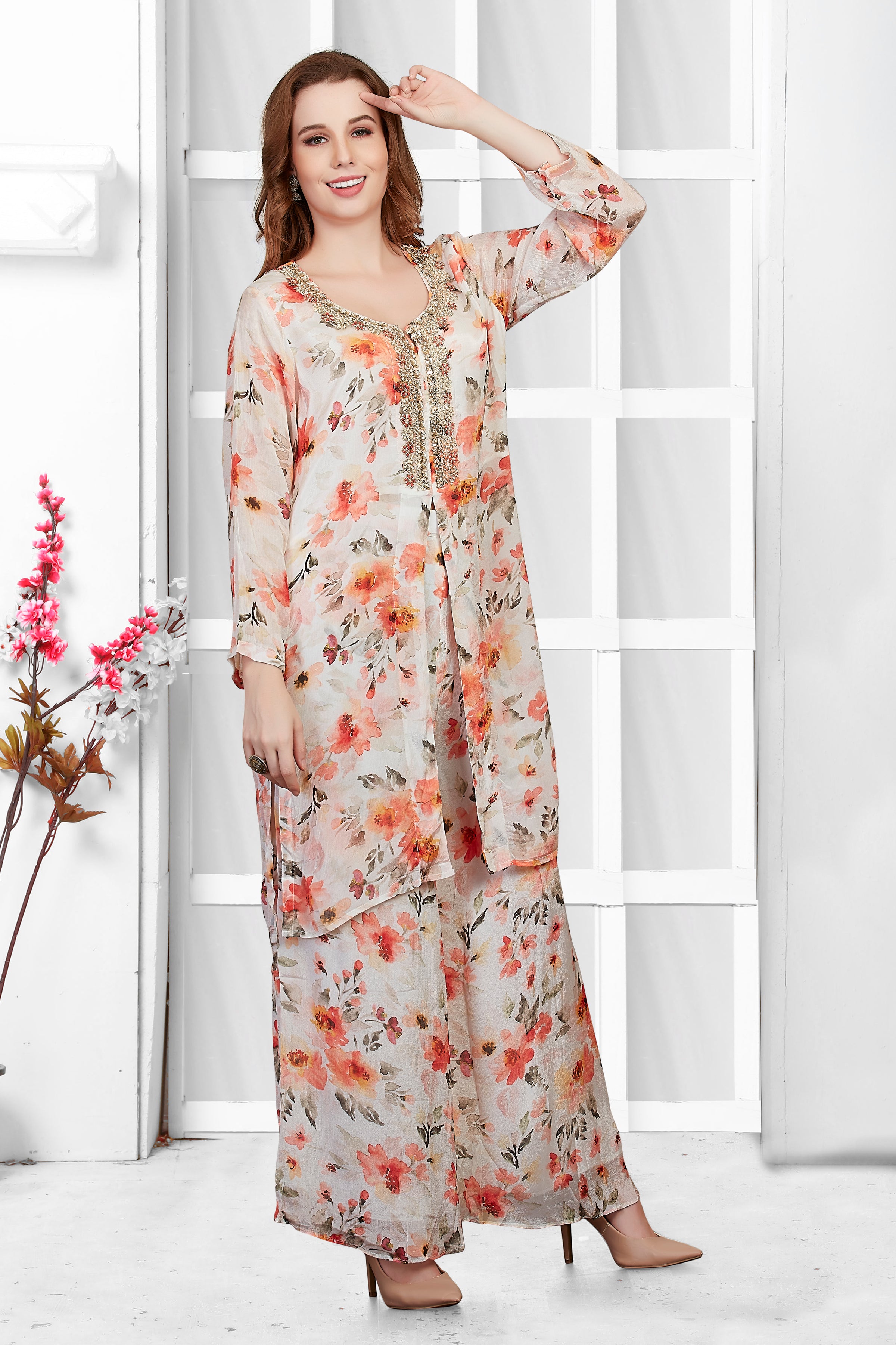 White with Orange Palazzo Pant Ladies Kaftan Suit With Flower Print