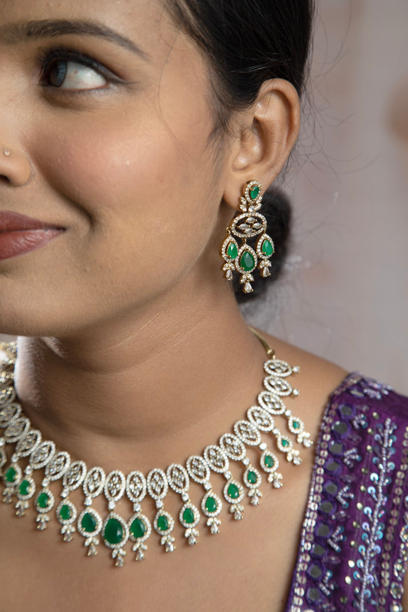 Radiant Silver & Green Color AD Necklace Set