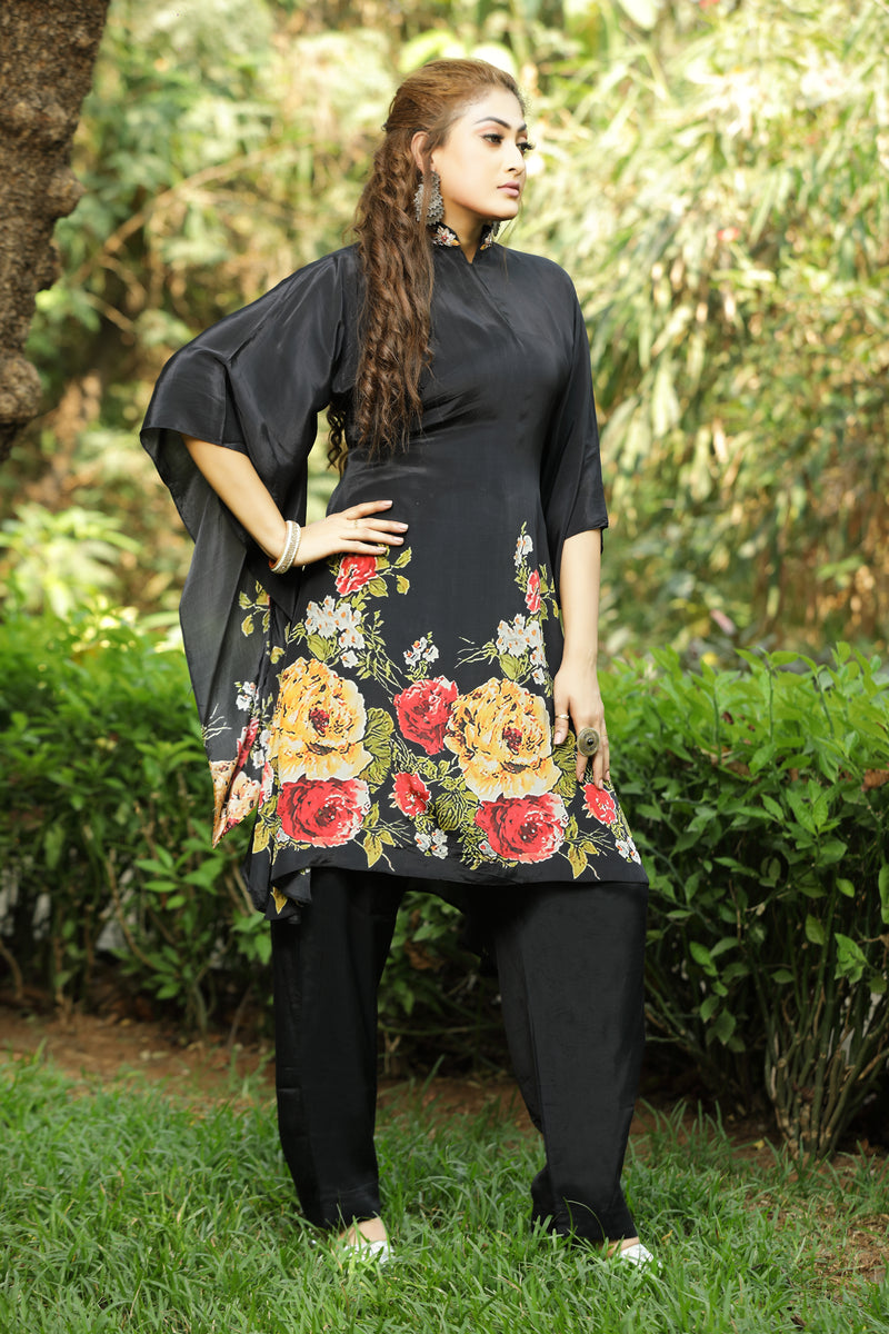 Black Palazzo Pant Ladies Kaftan Suit With Flower Print