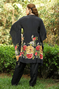 Black Palazzo Pant Ladies Kaftan Suit With Flower Print