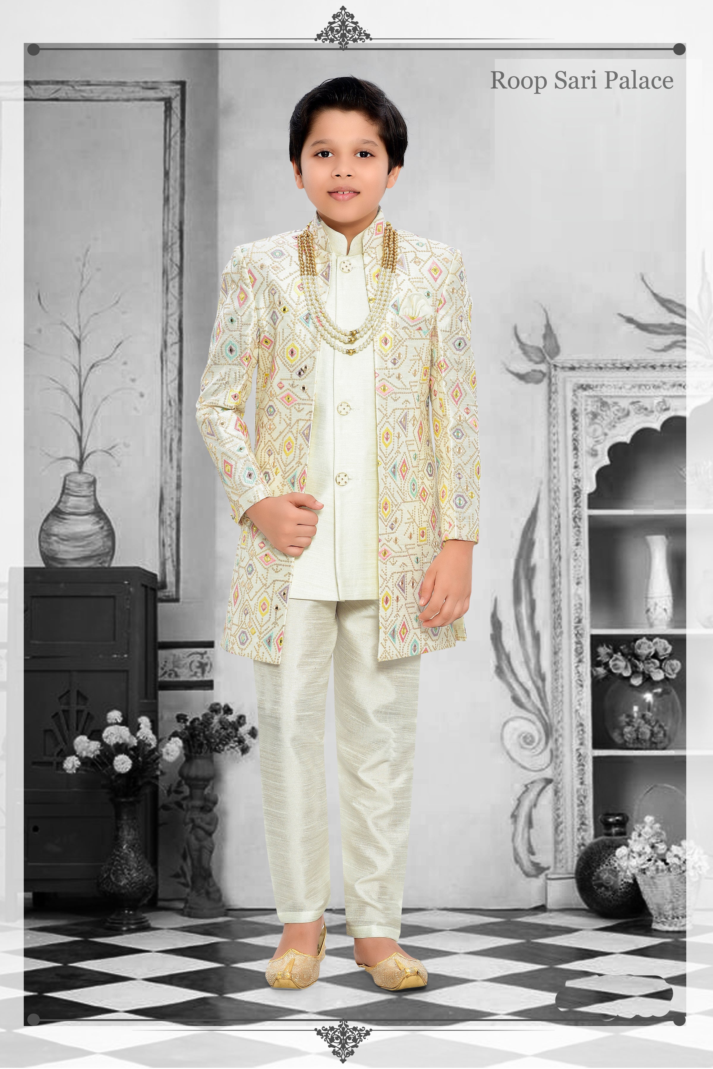 White Semi Indo Western Jacket  Set For Boys