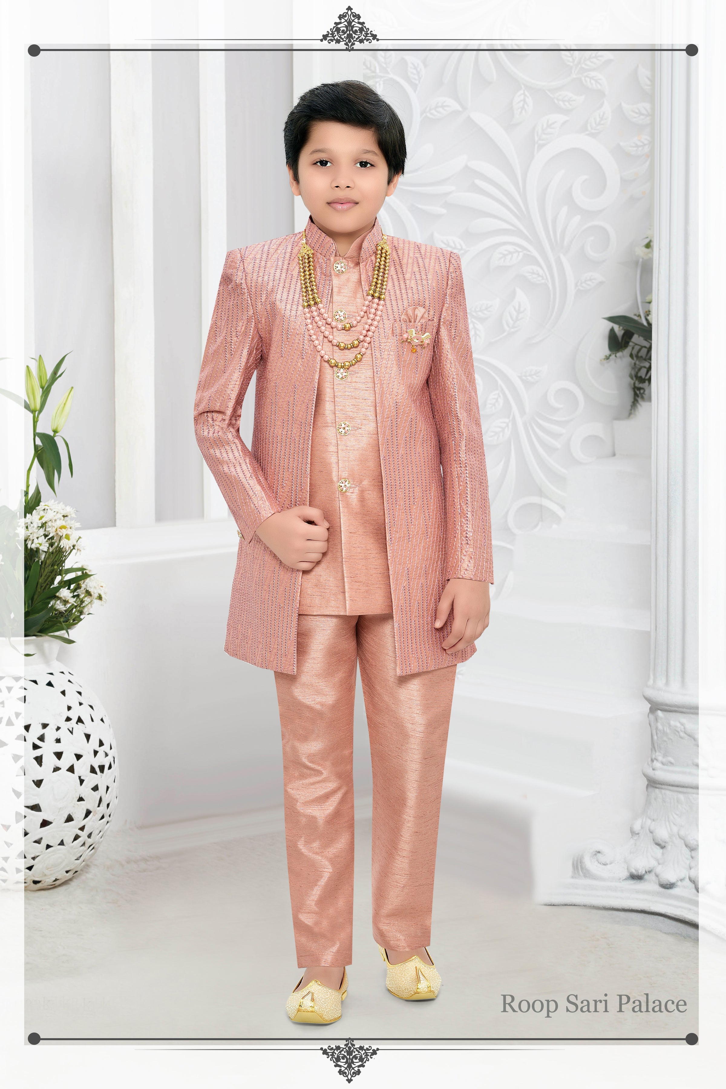 Pink Semi Indo Western Jacket  Set For Boys