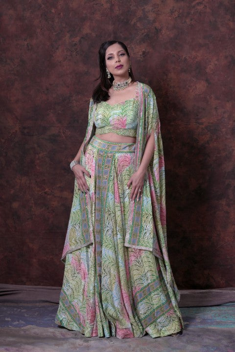 Mint Green and Pink  Digital Print Lehenga Choli With Jacket Style Dupatta.