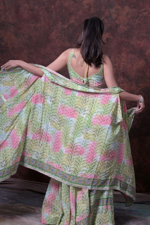 Mint Green and Pink  Digital Print Lehenga Choli With Jacket Style Dupatta.