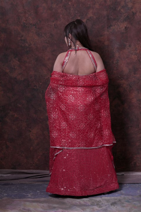 Red Indo-Western Lehenga Choli With Jacket Style Dupatta