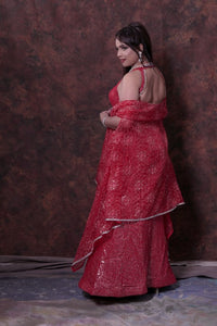 Red Indo-Western Lehenga Choli With Jacket Style Dupatta