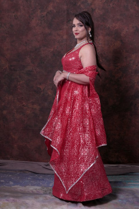Red Indo-Western Lehenga Choli With Jacket Style Dupatta