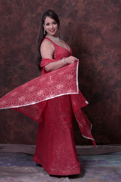 Red Indo-Western Lehenga Choli With Jacket Style Dupatta