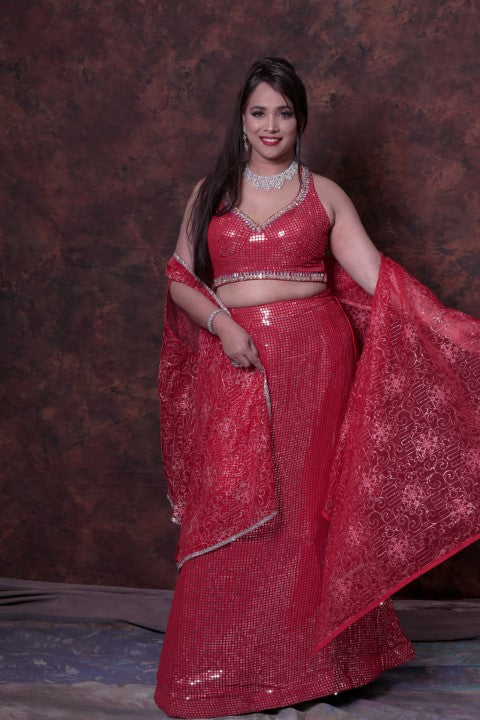 Red Indo-Western Lehenga Choli With Jacket Style Dupatta