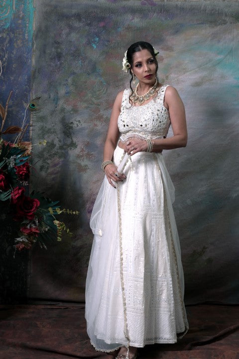 White Lehenga Choli With Dupatta.