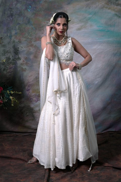 White Lehenga Choli With Dupatta.