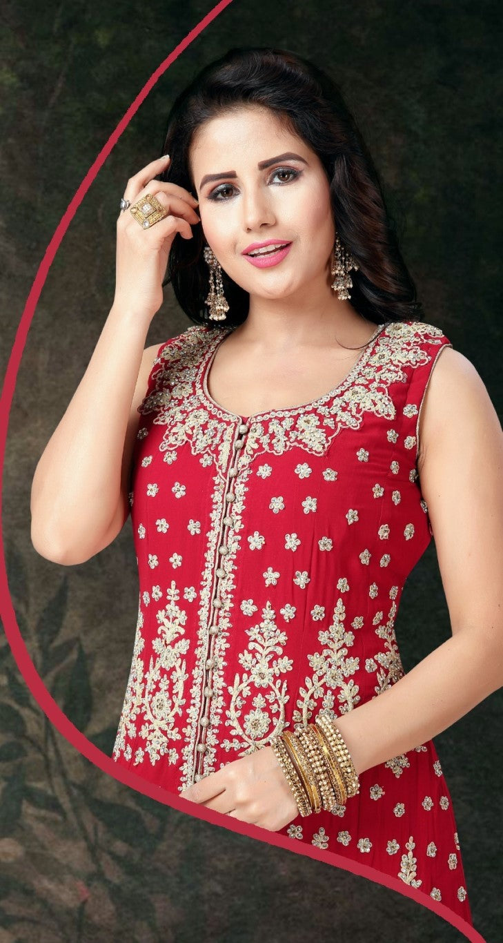 red designer anarkali dress Red Georgette Anarkali Dress: Bandhani Kurti with Gota Dupatta
