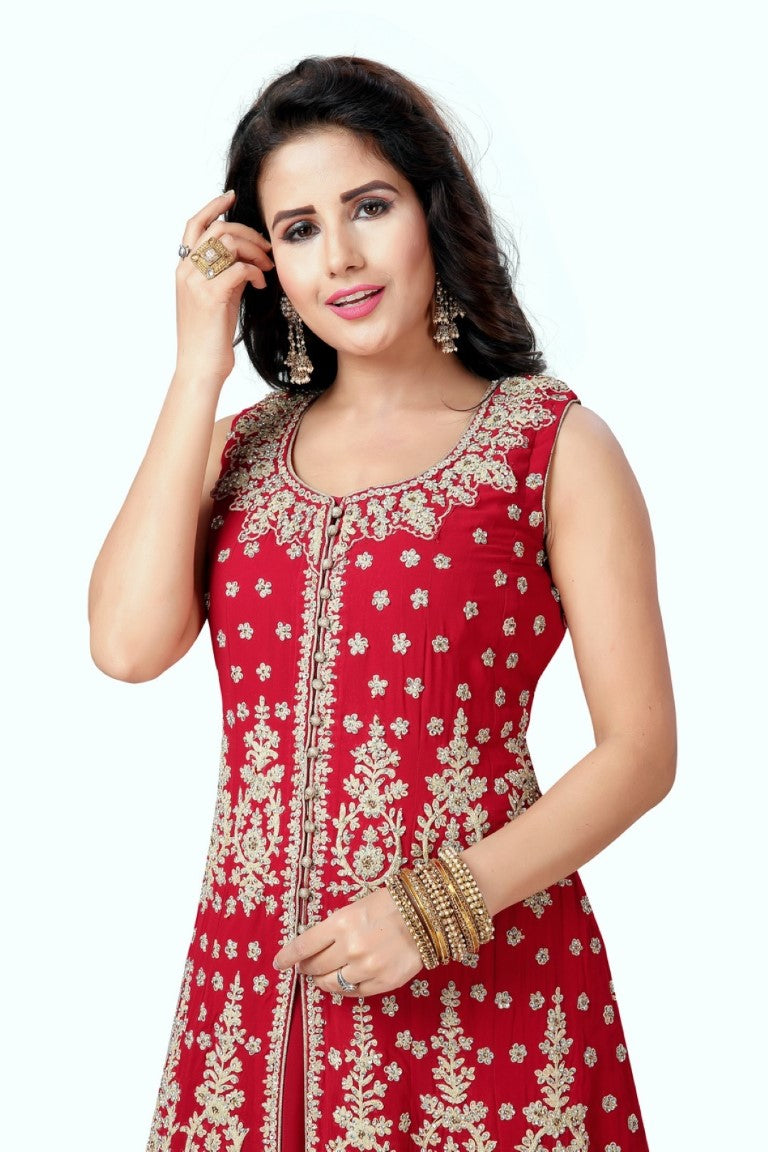 red designer anarkali dress Libas Red Yoke Design Silk Blend Anarkali Suit With Dupatta