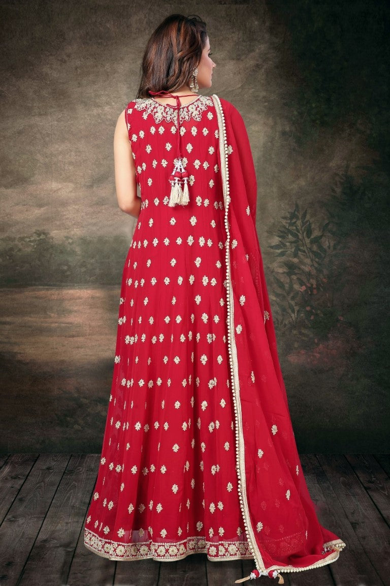 red designer anarkali dress Red And Orange Traditional Embroidery Anarkali Suit L
