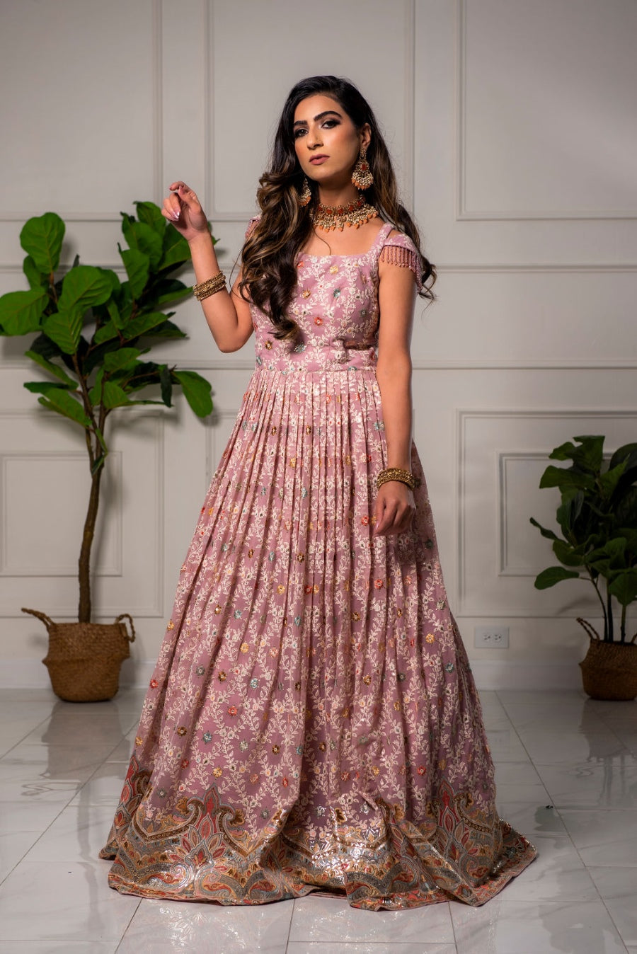 Anarkali Suit Light Mauve Pink Multi-Color with Embroidered Anarkali Suit Light Mauve Pink Multi-Color with Embroidered