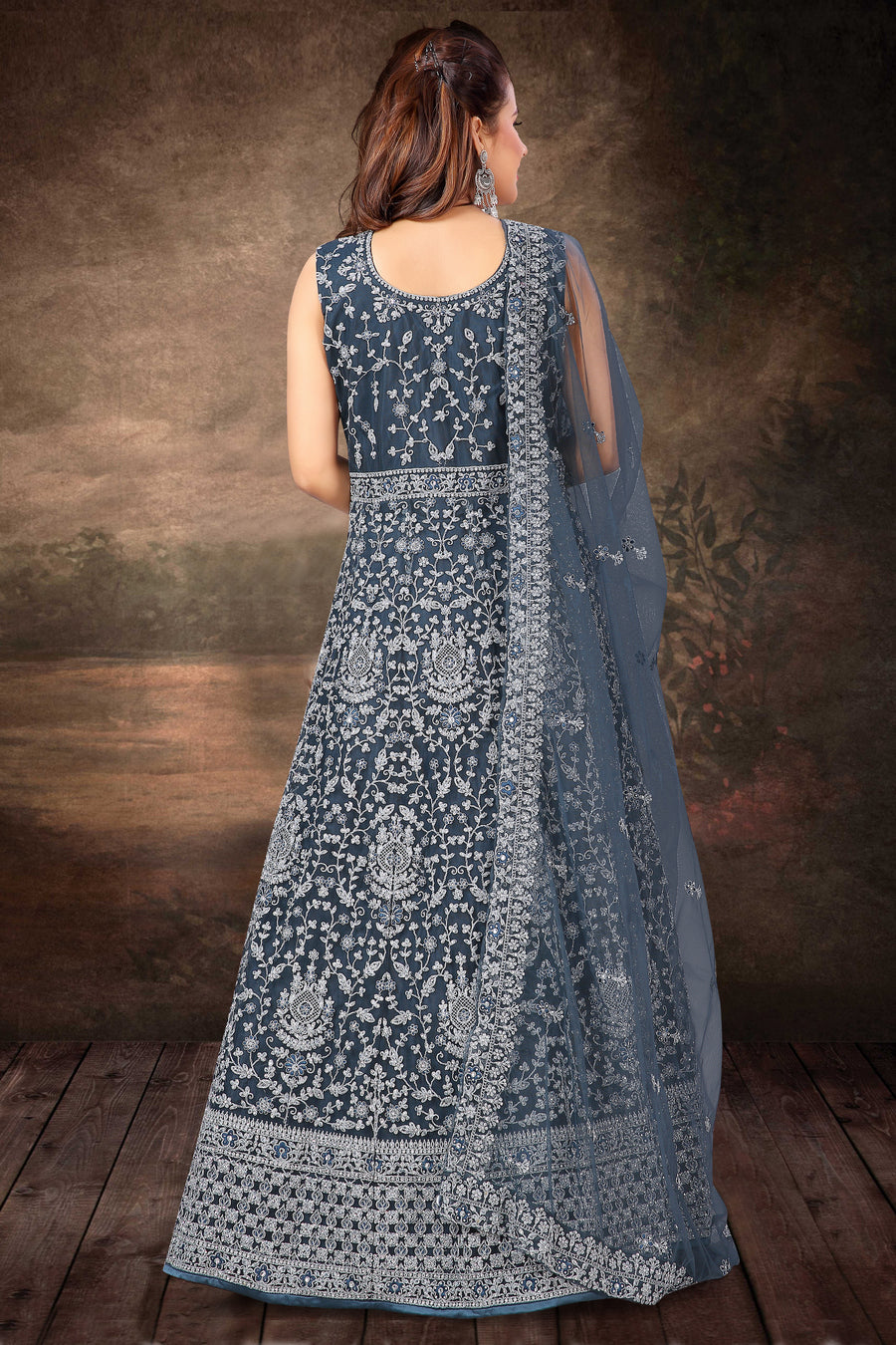 silver anarkali dress Silver Grey Embroidered Anarkali Palazzo Suit Set for Women