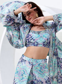 Blue Multi Color Crop Top with Pant Style Bottom and Full-Length Jacket.