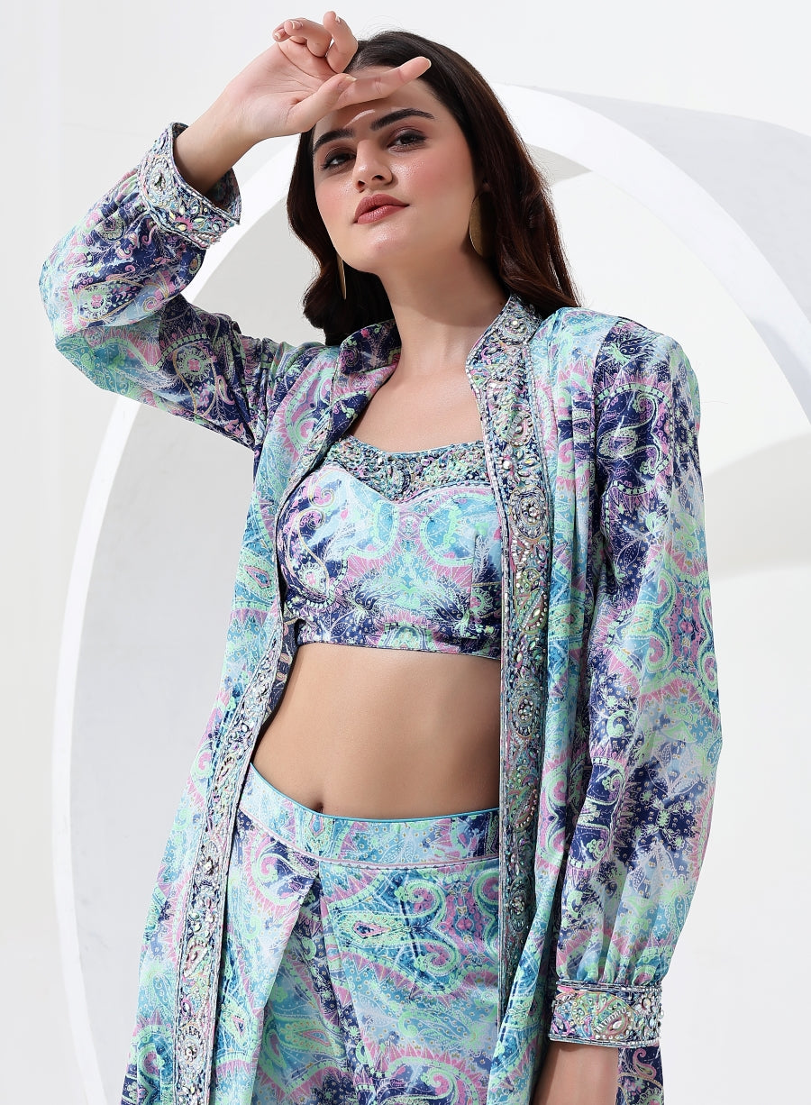 Blue Multi Color Crop Top with Pant Style Bottom and Full-Length Jacket.
