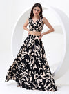 Black and Cream Digital Print Sequence Crop Top with Pant Style Bottom and Jacket Style Dupatta.