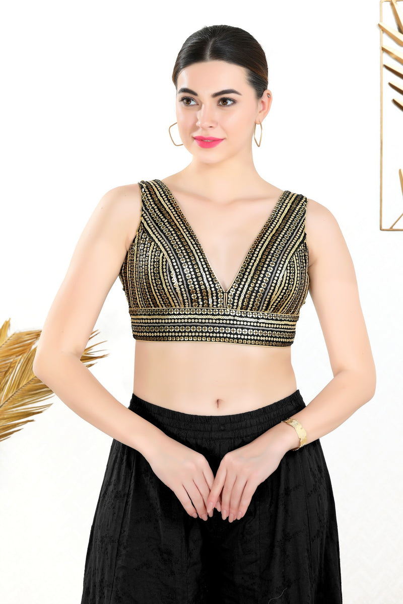 Black Saree Blouse with gold sequin work – Roop Sari Palace