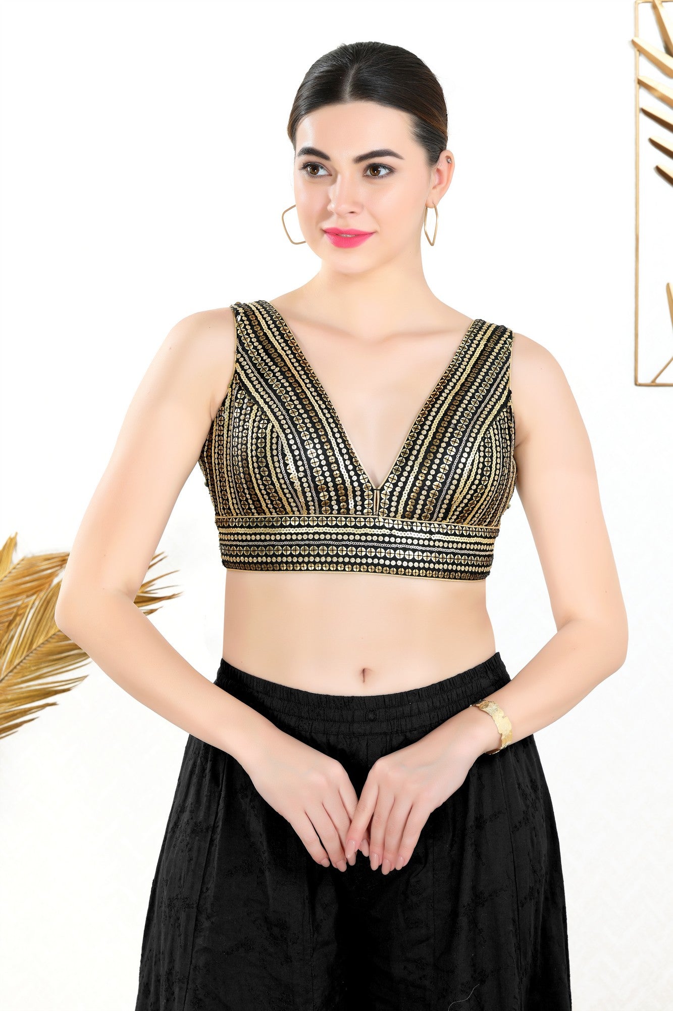 Black Saree Blouse with Gold Sequin Work, image size:1333x2000
