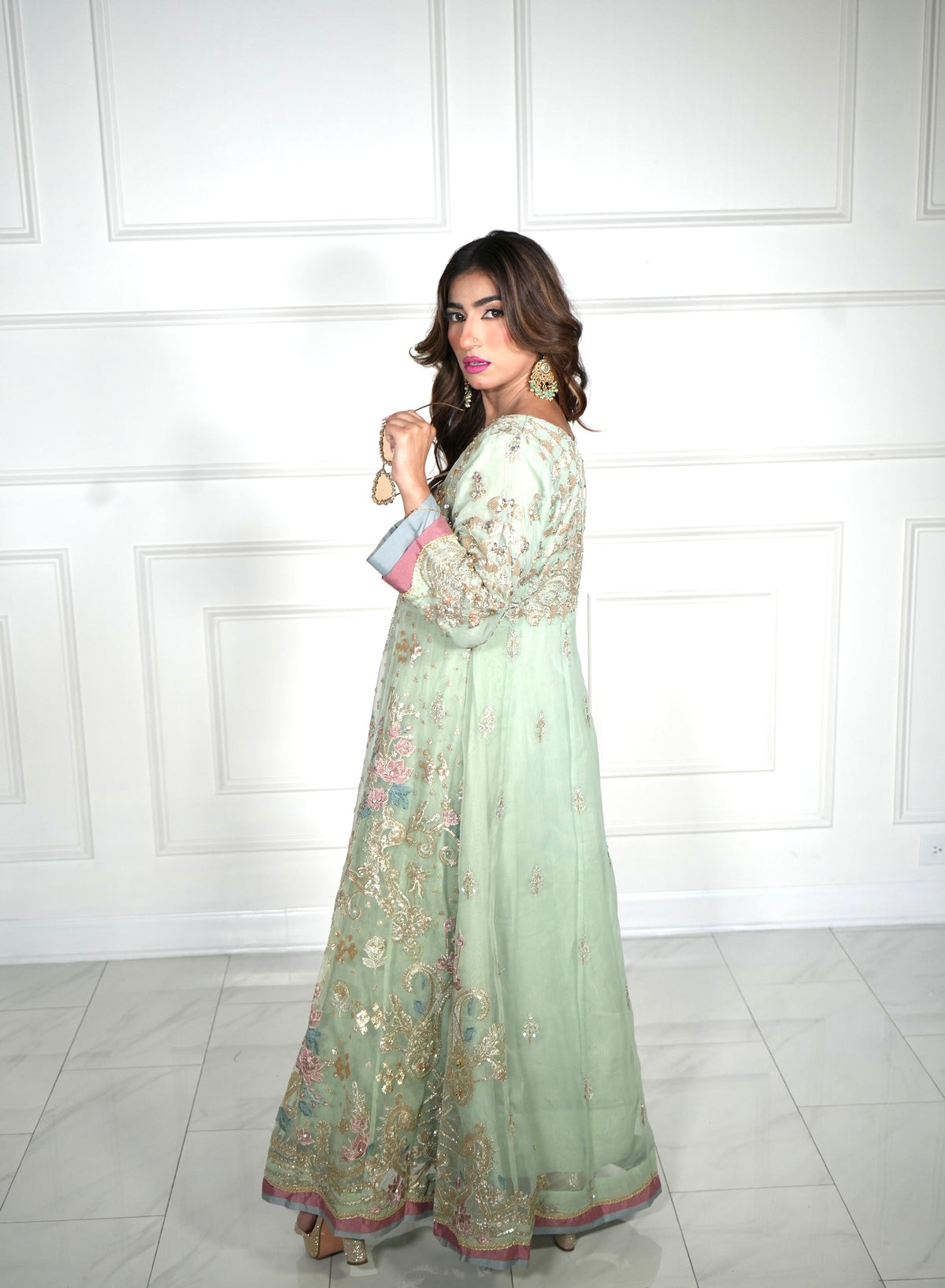 Mint Green Luxury Suit with Gold Embellishments