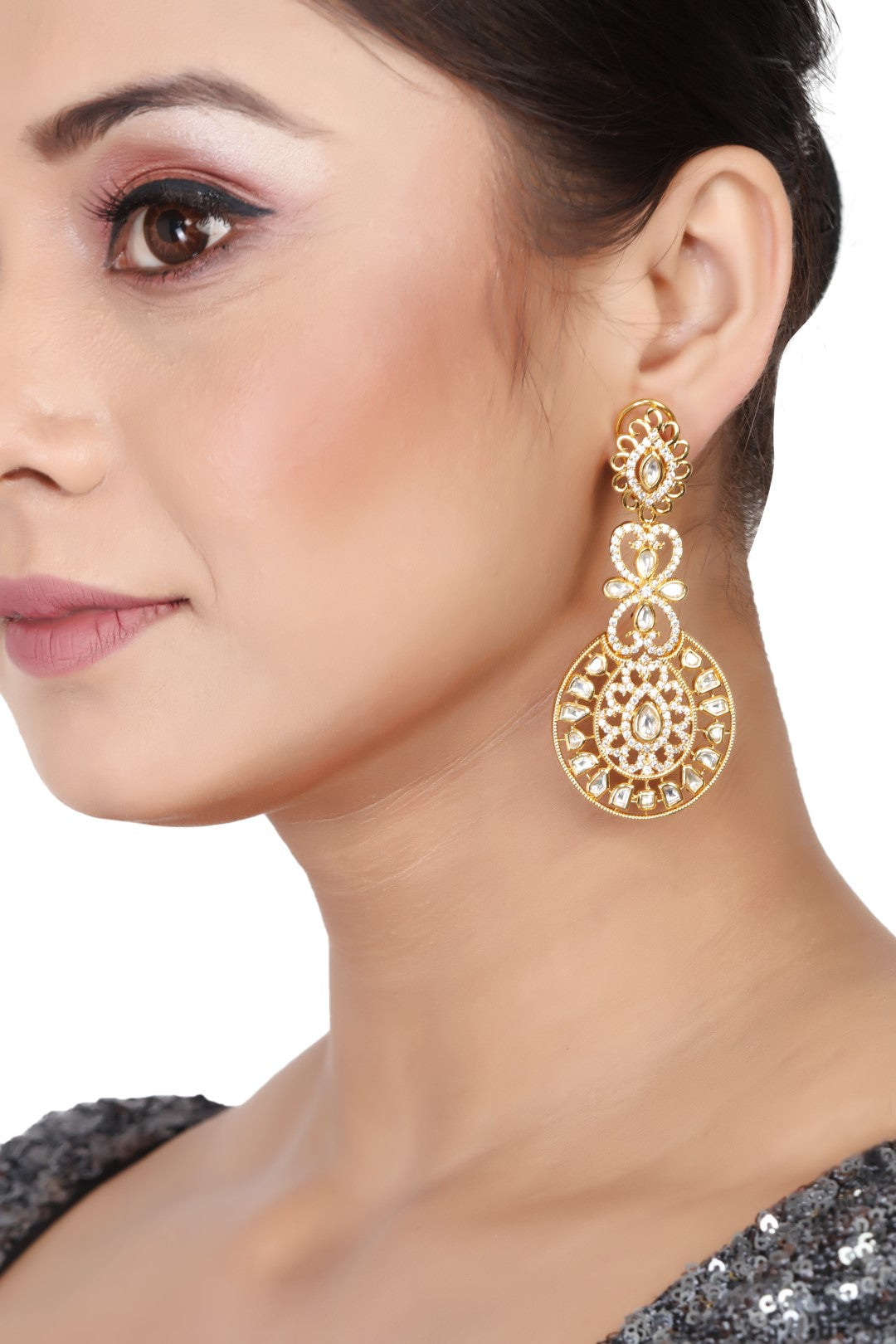 Gold With Silver American Diamond Earrings