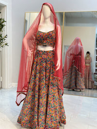 Fancy Multi Color Lehenga & Designers Multi Color Blouse with Pink Dupatta.