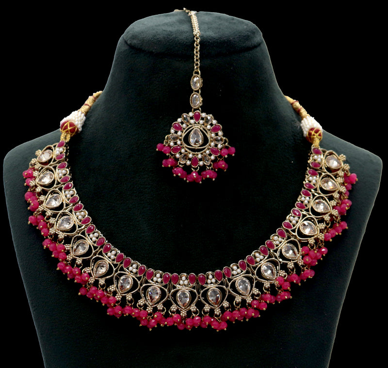 Gold & Rani Hot Pink Necklace Set