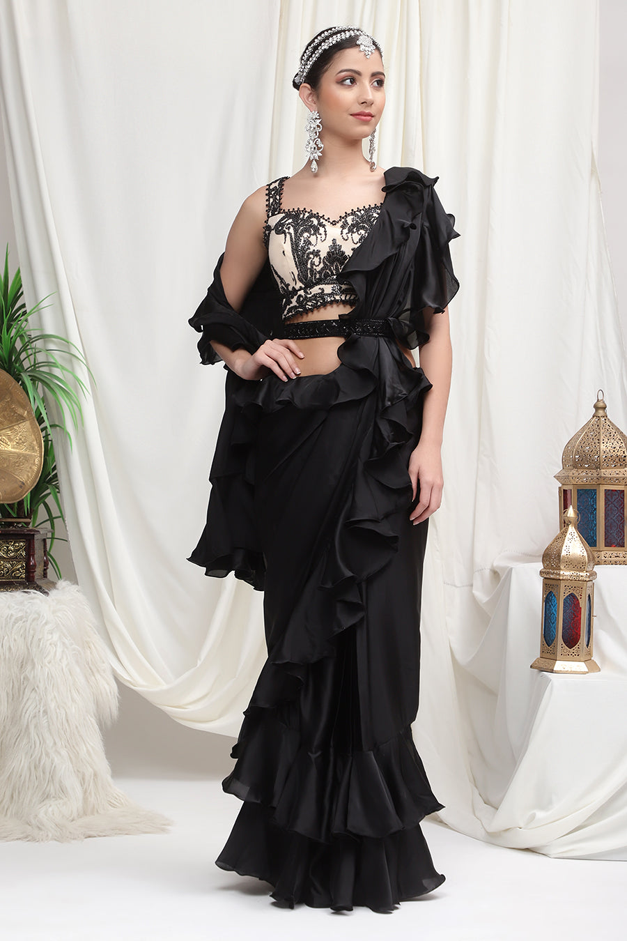 Black Ruffle Belt Saree With Hanging Stones Embroidery – LIBAS CAFE