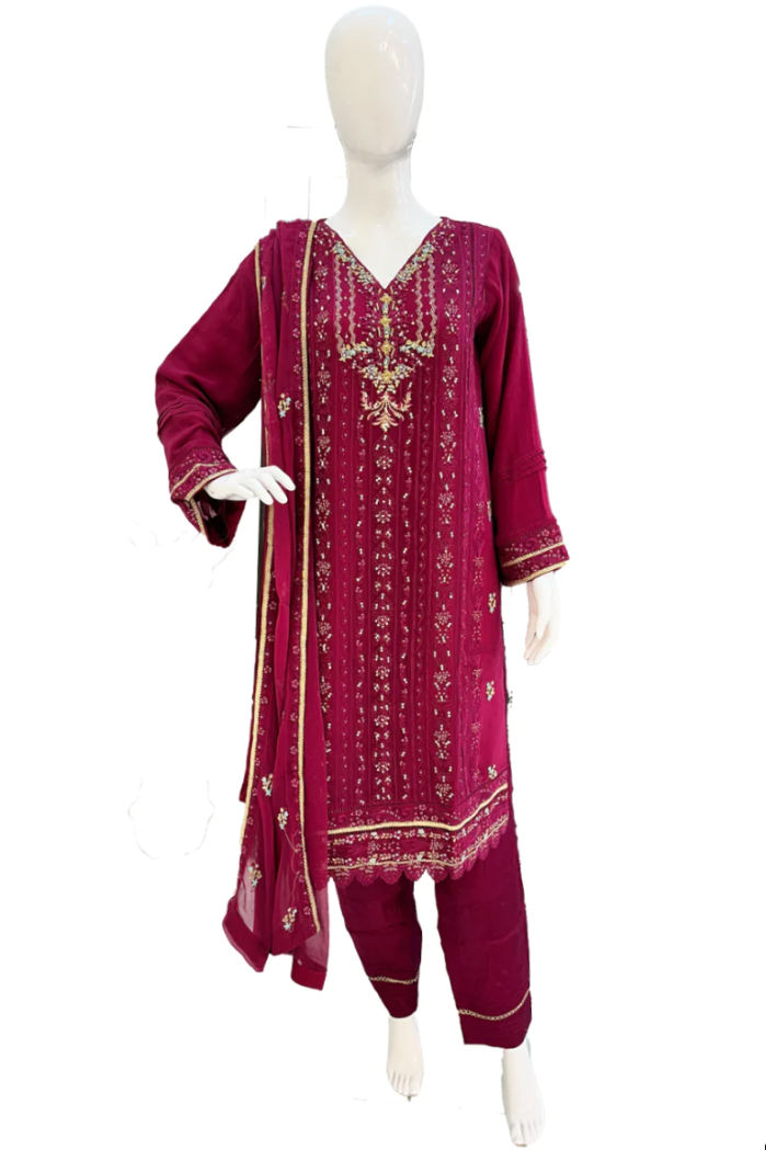 Dark Purple & Multi-Color Thread Work Design Ladies Suit