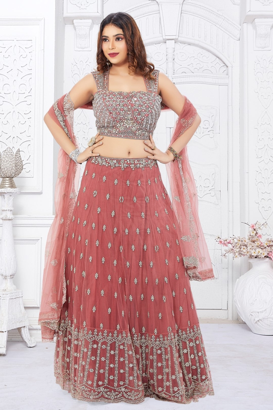Rose Lehenga with Embroidered Choli
