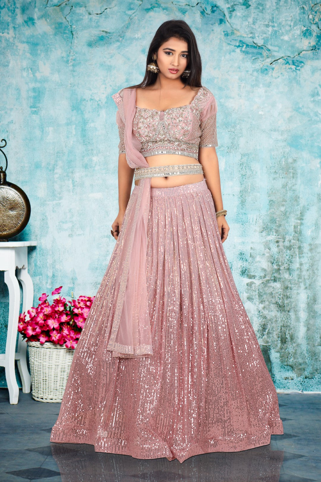 Blush and Silver Lehenga Choli with Belt – Roop Sari Palace