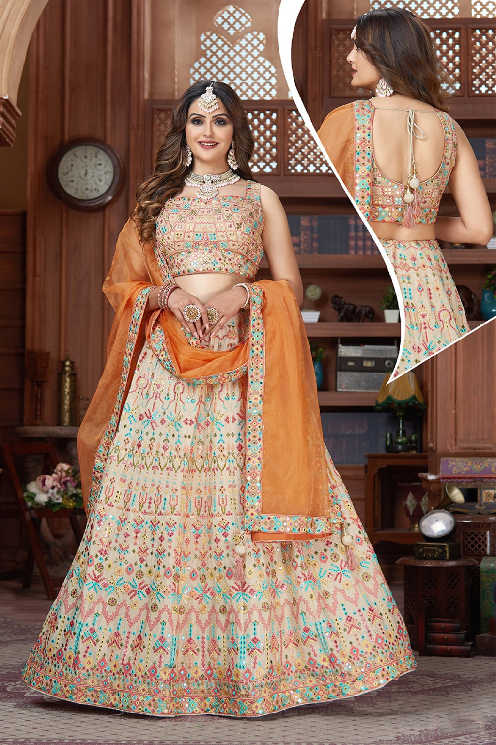 Rust and Multi-Color Lehenga Choli with Mirror Work – Roop Sari Palace