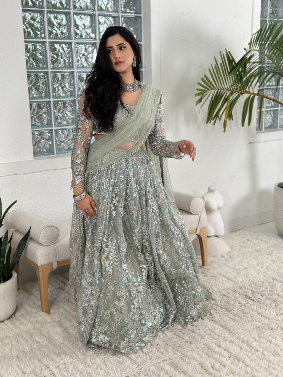 Silver and Grey Lehenga and Choli with Sleeves with Heavy Work & Net Dupatta with Acrylic Beading Border