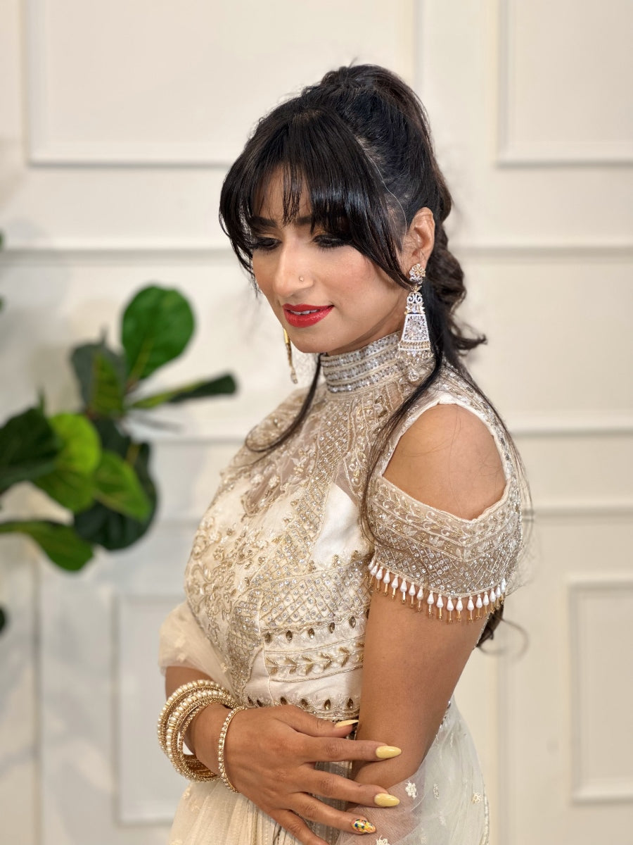 Silver & Gold Embellished White Lehenga Choli