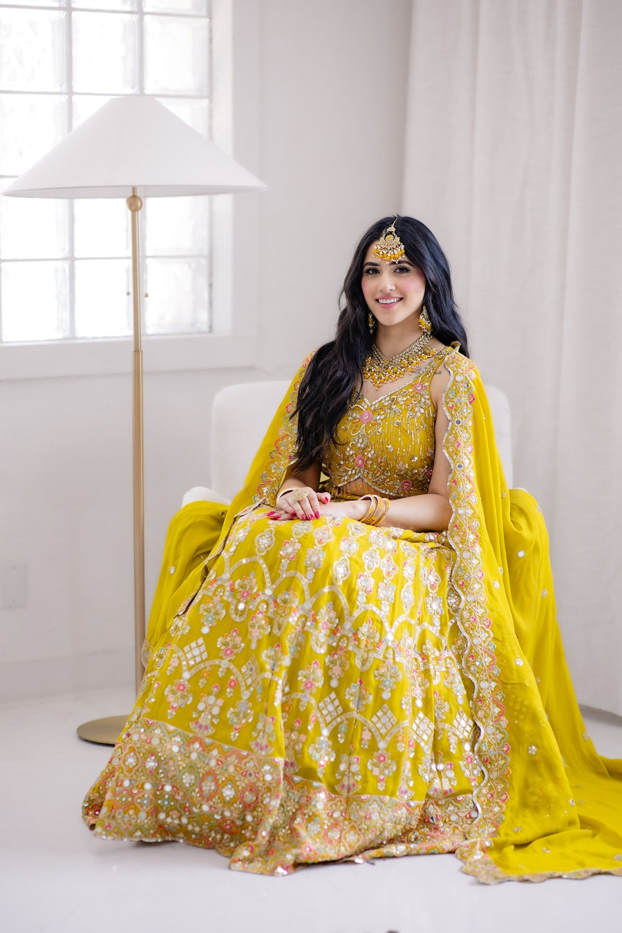 Mustard Yellow Silver Mirror Work Lehenga Choli with Dupatta