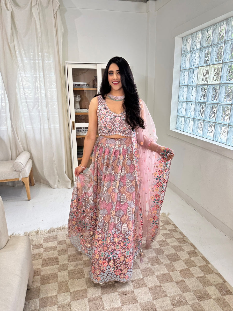 Boho Mauve Lehenga Choli with Pastel Embroidery, Pearl Work, and Tassels with Net Dupatta