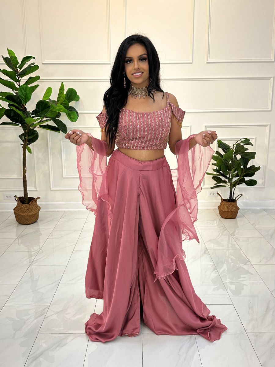 Blush Pink Ruffled Silk Lehenga with Pearl Work Blouse & Ruffled Net Dupatta